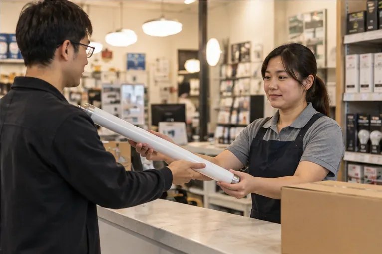 顧客在照明用品門市櫃檯把完整日光燈管交給店員