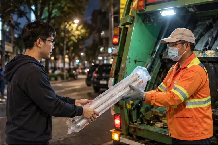 民眾把另外包好的日光燈管交給資源回收車旁的清潔人員