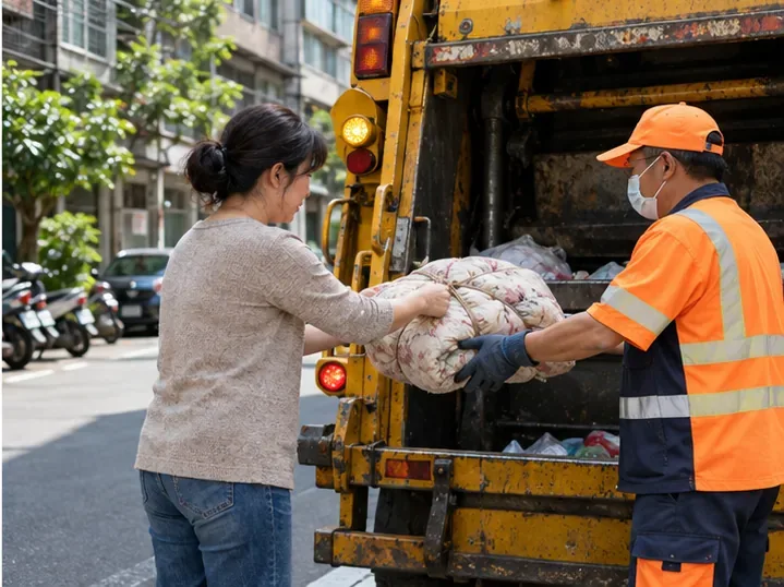 住戶在新竹市住宅街道將綁好的棉被直接交給穿著反光背心的清潔人員