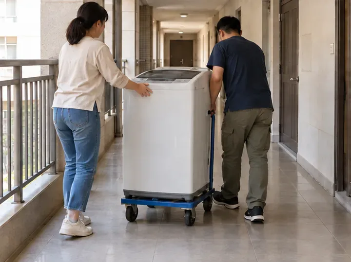 兩名住戶在平坦的公寓走廊以推車移動洗衣機，避免徒手抬運
