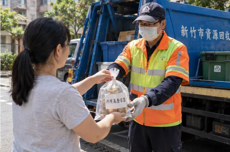 民眾把標示高壓容器的回收袋親手交給資源回收車清運人員