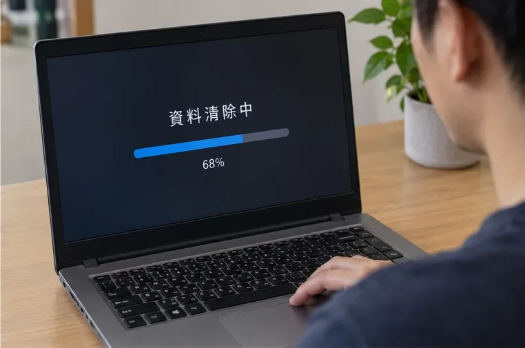 舊筆電螢幕顯示資料清除進度，使用者在旁確認清除程序