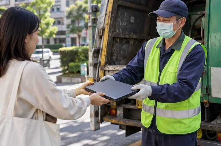 居民在街邊把完整的舊筆記型電腦交給資源回收工作人員