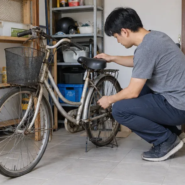 人在室內檢查一台老舊普通腳踏車的車架、坐墊與輪組，示意丟棄前先判斷車型與車況