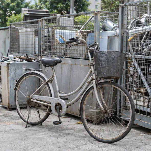 一台老舊普通腳踏車整齊放在一般金屬回收區旁，示意完成受理確認後才交付回收