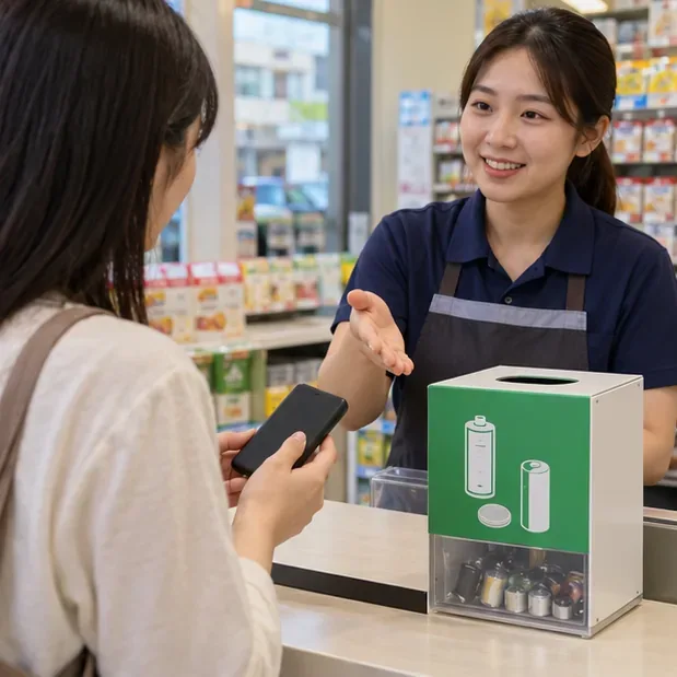 民眾在零售店櫃檯詢問店員，旁邊設有電池圖示的回收箱