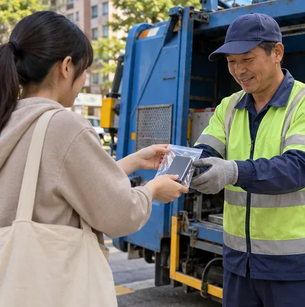 民眾將單獨包裝的行動電源親手交給穿反光背心的資源回收清運人員