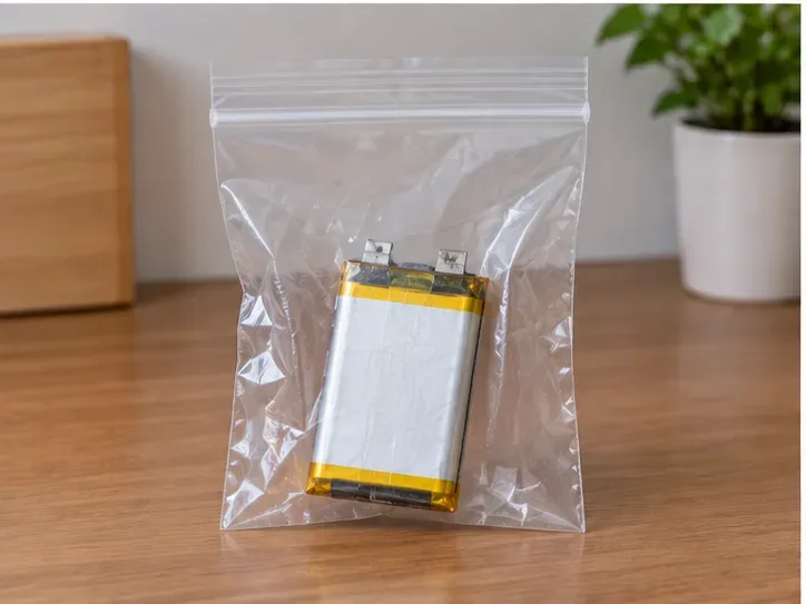 一顆端子朝上的鋰電池獨立放在透明夾鏈袋中