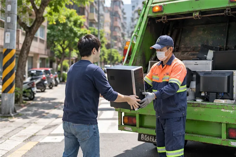 居民在住宅街道旁把舊桌上型電腦主機交給資源回收人員，回收車上可見其他舊資訊設備
