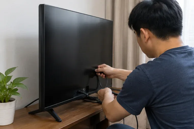 住戶在客廳關閉並拔除平面電視電源線，準備進行回收前整理