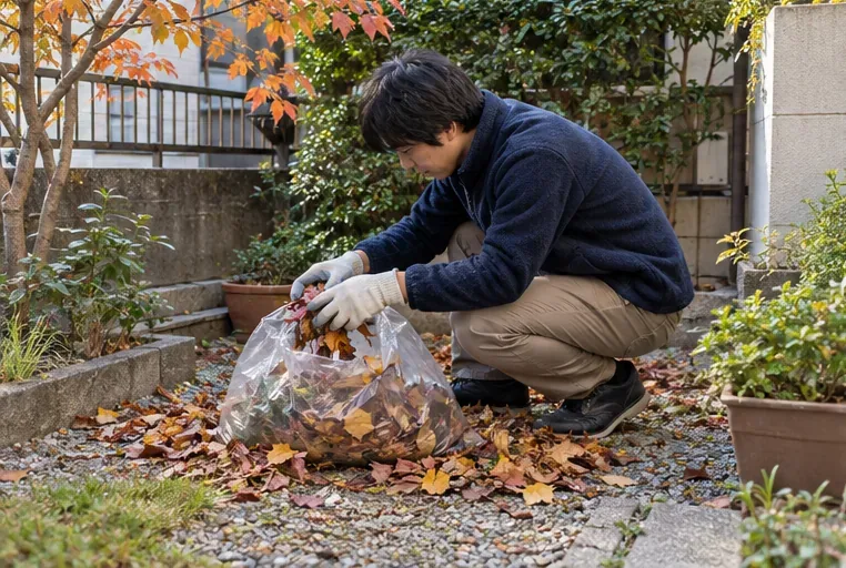 東京の住宅の小さな庭で住民が落ち葉を透明袋に集めている