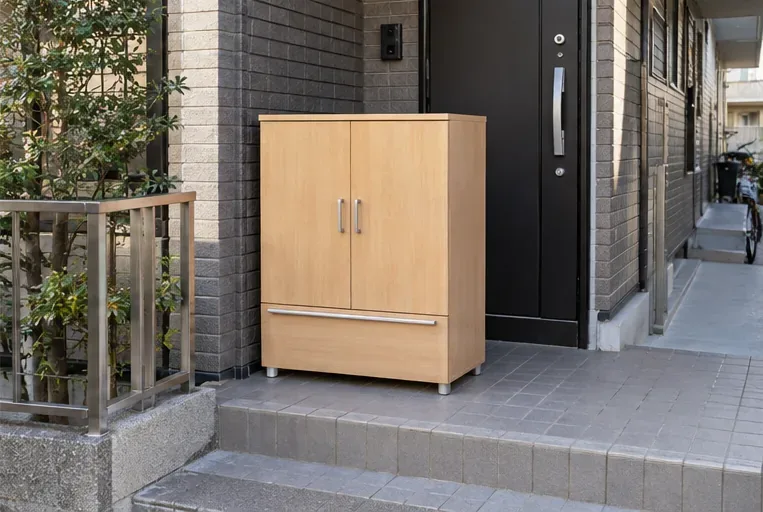 集合住宅の玄関脇に置かれた小型の木製キャビネット