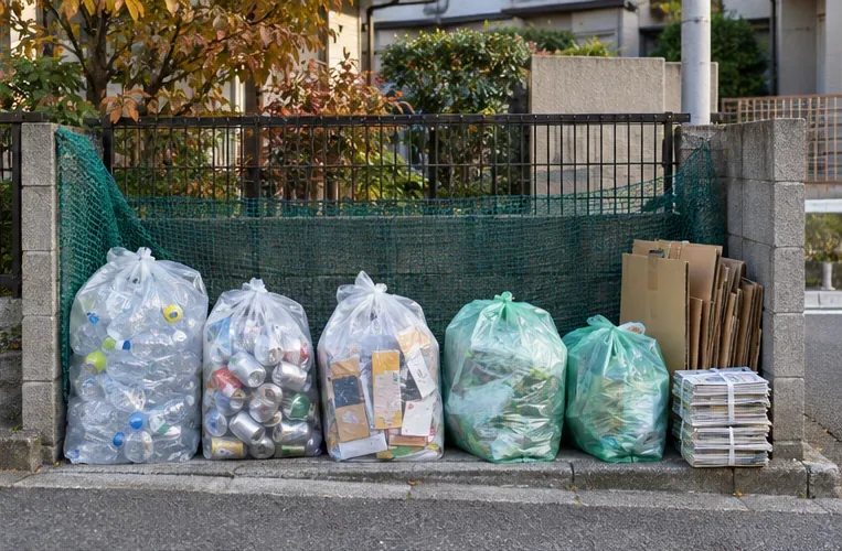 住宅街の回収場所に透明袋や資源物、段ボールが分けて置かれている