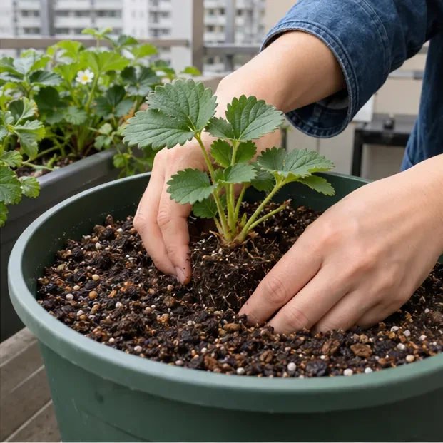 ベランダの鉢で、手がイチゴの苗の根元に土を寄せて植え付けている様子
