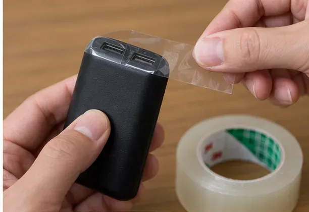 モバイルバッテリーのUSB端子部分を透明なテープで覆う手元