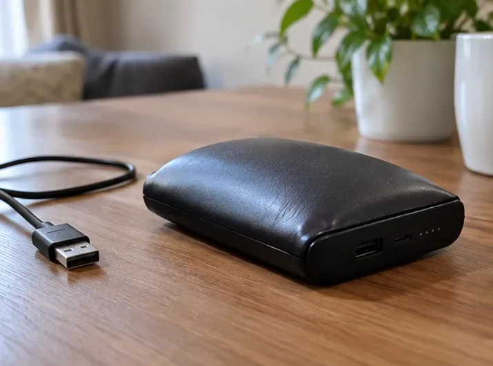 机の上に置かれた、中央が大きく膨らんだ黒いモバイルバッテリーと、外されたUSBケーブル
