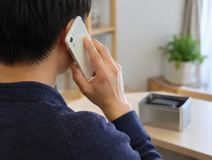 自宅でスマートフォンを使って電話し、机の奥に金属容器へ隔離したモバイルバッテリーが置かれている場面