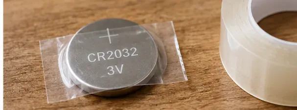 丸い電池の金属面を透明テープで覆って絶縁している様子