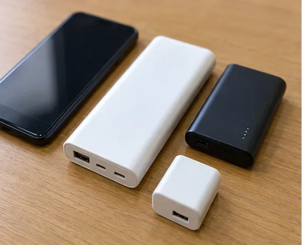 木製の机に置かれた白と黒のモバイルバッテリーとスマートフォン