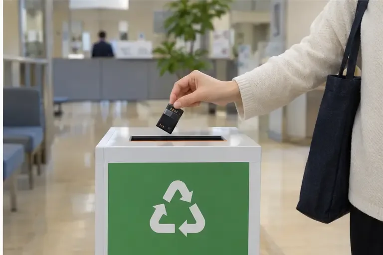 市役所のロビーを思わせる室内で、リサイクルマークのある回収ボックスに小型充電式電池を入れようとする人
