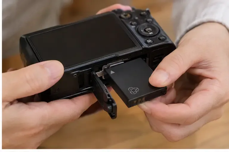背面カバーを開けた小型デジタルカメラから、手で取り外し可能な電池を抜き取っている様子