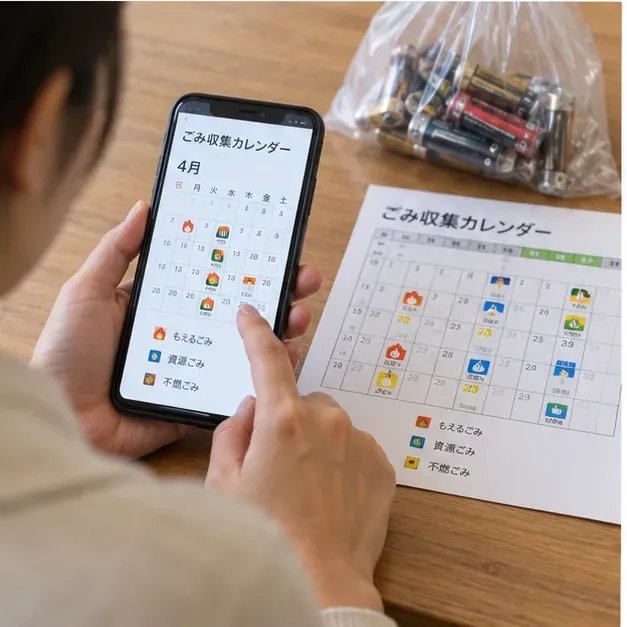 スマートフォンと紙のごみ収集カレンダーを見比べて、収集日を確認している様子。