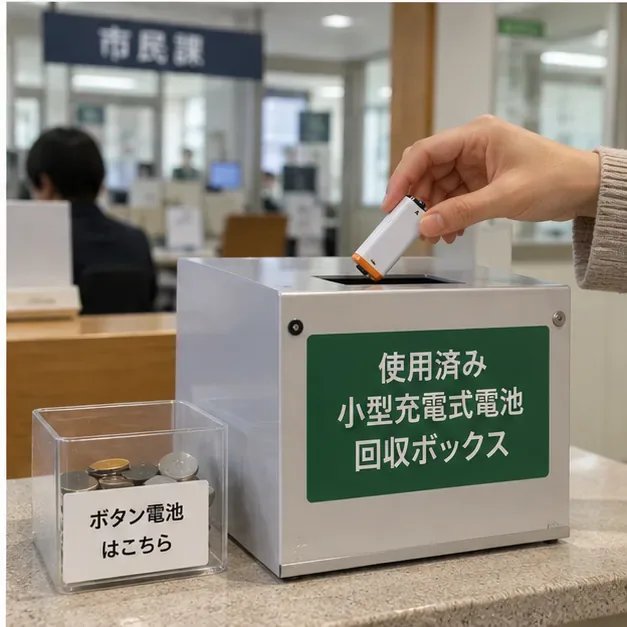 公共施設の使用済み小型充電式電池回収ボックスへ充電式電池を入れている様子。横にはボタン電池を別に分けた容器がある。