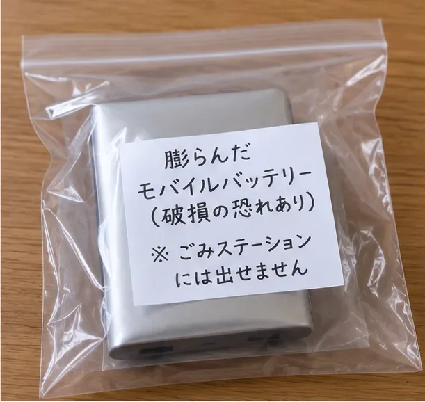膨らんだモバイルバッテリーを他の物と分け、透明な袋の中に置いた状態と「ごみステーションには出せません」と書かれた注意表示