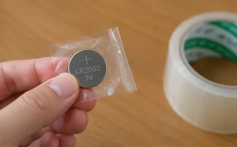 CR2032の金属面を透明なテープで覆って絶縁している様子