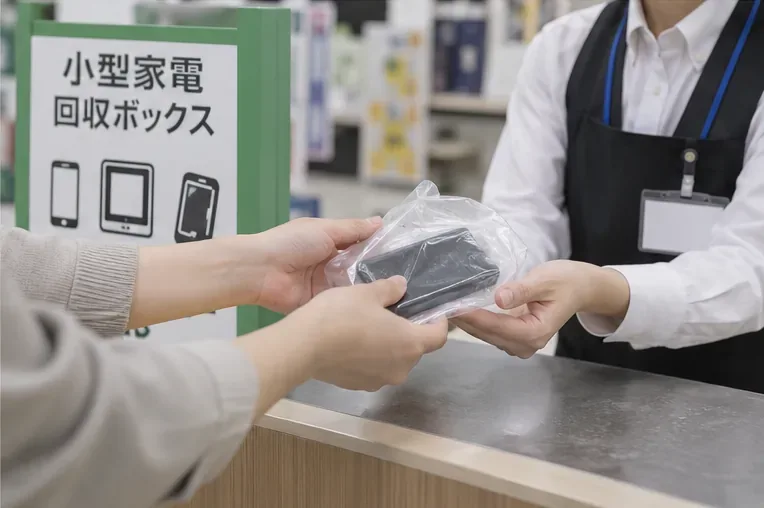小型家電回収ボックスの案内がある回収拠点でモバイルバッテリーを確認している様子