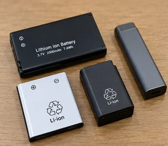 机の上に並べた複数のリチウムイオン電池の例