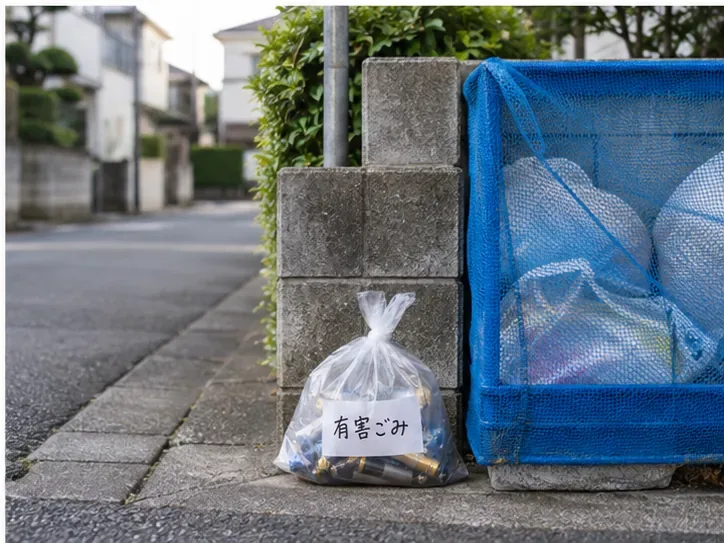 住宅地のごみ集積所のそばに「有害ごみ」と表示した透明袋を置いた様子