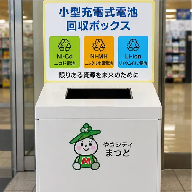 ニカド電池、ニッケル水素電池、リチウムイオン電池の表示が付いた小型充電式電池の回収ボックス
