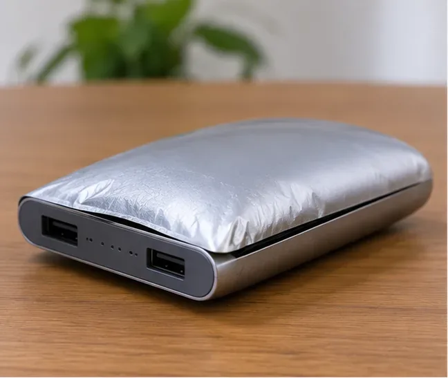 外装が中央から大きく膨らみ、ケースの合わせ目が開いた銀色のモバイルバッテリー