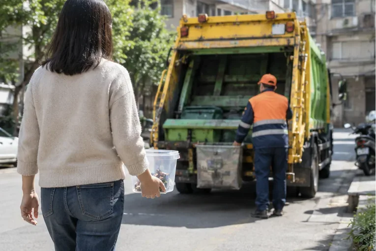 民眾手提裝有廢乾電池的透明容器，走向街道上的資源回收清運車與清潔人員