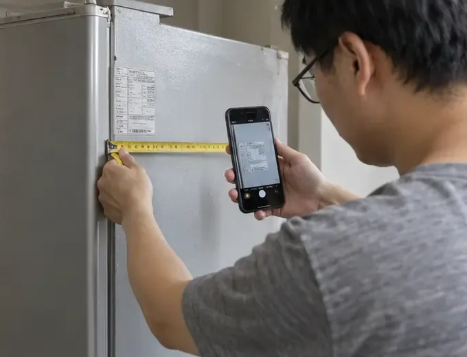 住戶用捲尺測量冰箱尺寸並以手機記錄機身銘牌資訊
