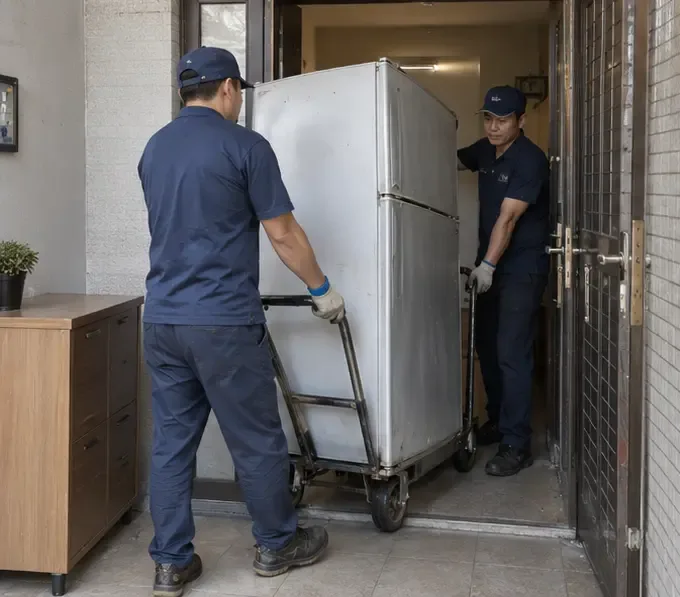 兩名穿戴手套的搬運人員使用手推車將冰箱從住家門口移出
