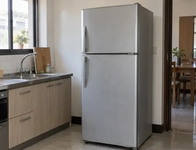 台灣住家廚房內一台已拔除電源、外觀完整的雙門冰箱