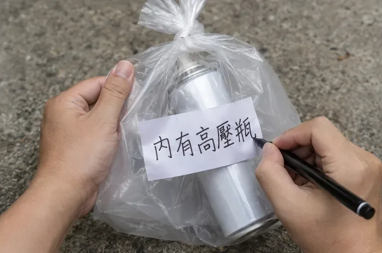 透明袋內裝有已排空噴霧罐，袋外清楚標示內有高壓瓶