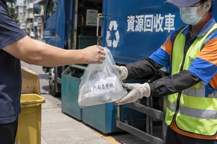民眾把標示內有高壓瓶的透明袋交給資源回收車旁的清潔人員