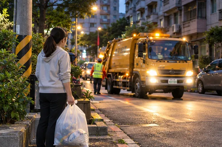 傍晚住宅街道旁民眾等待垃圾車抵達的情景