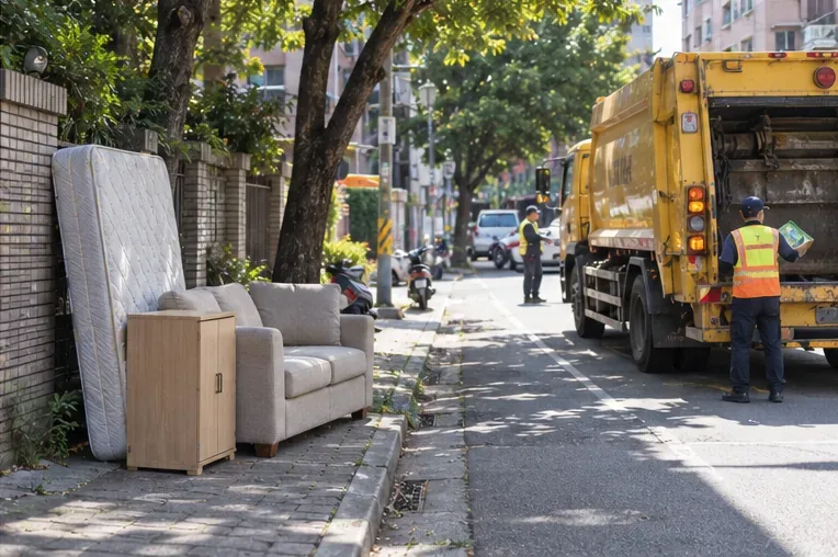 住宅旁的人行道邊整齊放著床墊、沙發與木櫃，前方有清運車與工作人員準備收運
