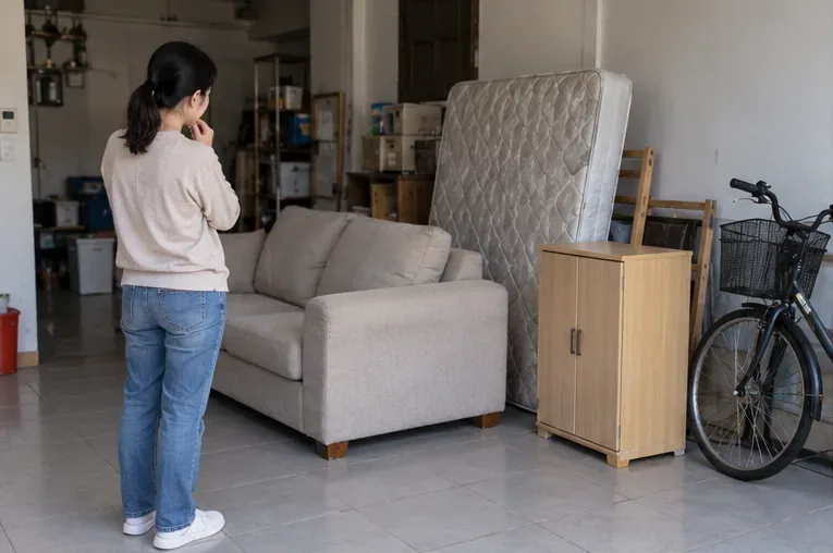 住戶在家中整理沙發、床墊、木櫃與腳踏車等大型物品，準備先確認哪些屬於可申請清運的巨大廢棄物
