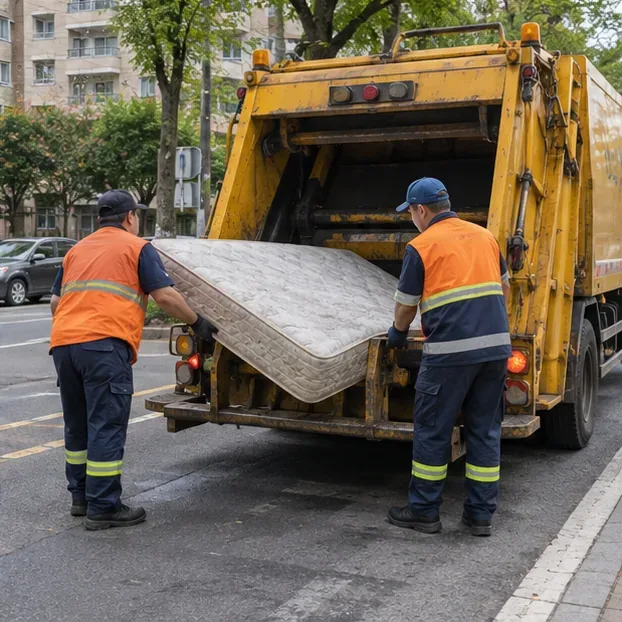 清運人員在住宅街道把舊床墊搬上大型垃圾清運車