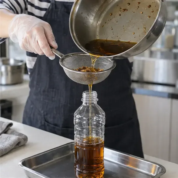 冷卻後的廢食用油透過濾網倒入乾淨的塑膠瓶，食物碎屑留在濾網中
