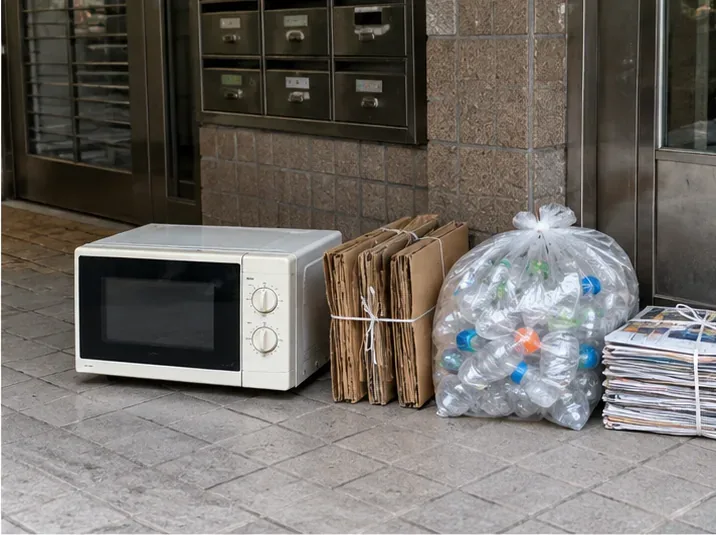 微波爐與紙箱、寶特瓶和報紙分開整齊放置在建物入口旁