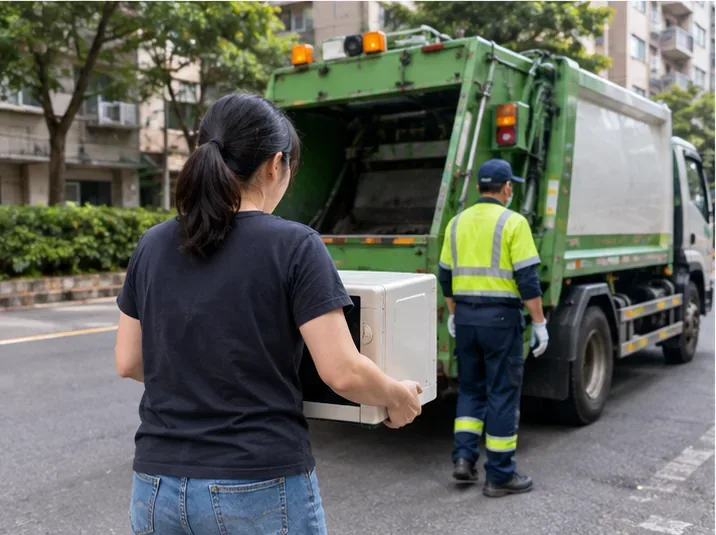 住戶雙手搬著完整微波爐走向資源回收清運車