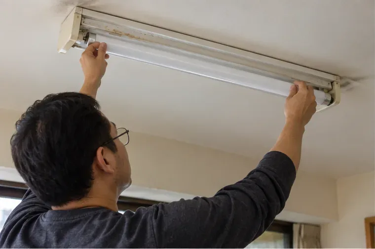 住家內以雙手握住日光燈管兩端，從吸頂燈具中小心拆下燈管