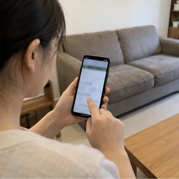 住戶拿手機填寫大型家具清運資料，背景可見待處理的舊沙發