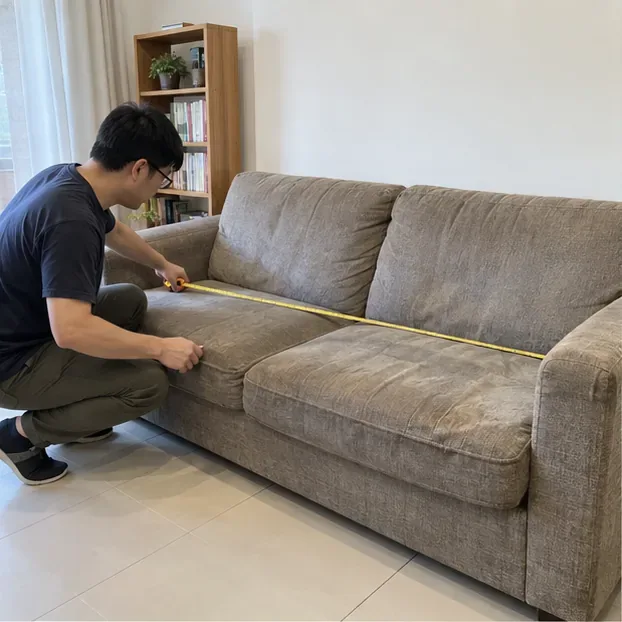 住戶在客廳以捲尺量舊沙發寬度，準備確認搬運路線與尺寸
